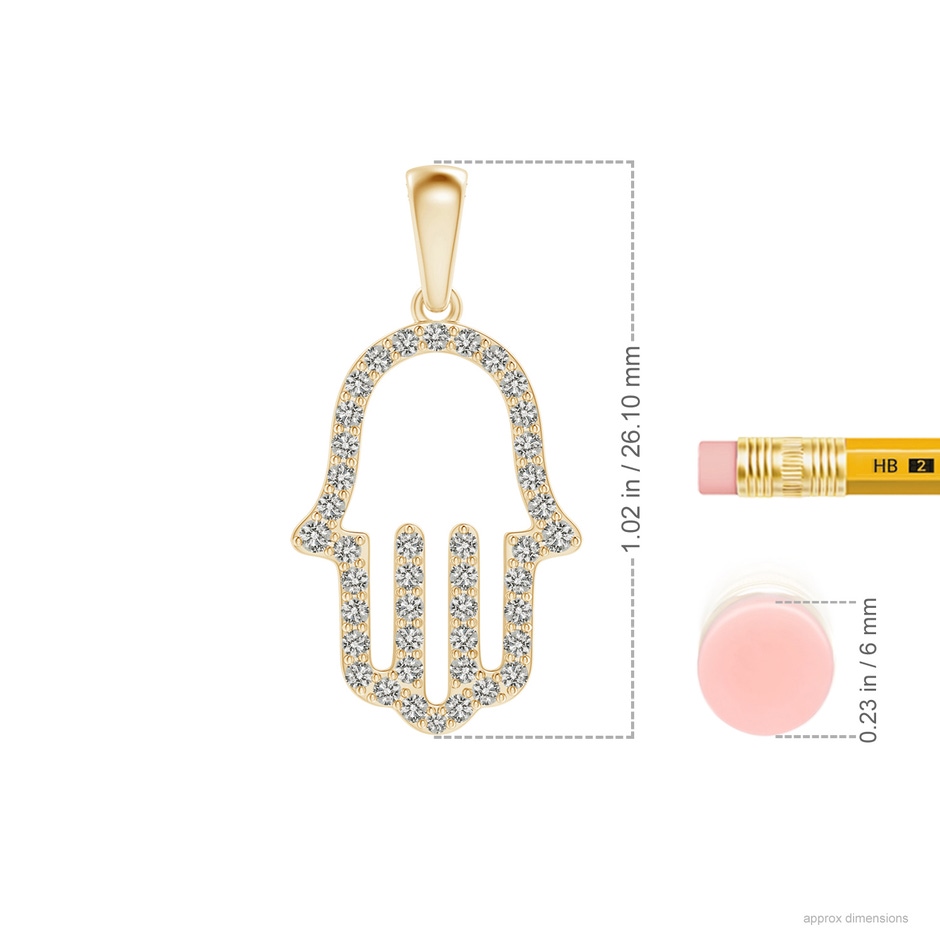 1.5mm KI3 Diamond Hamsa Hand Pendant in 9K Yellow Gold ruler