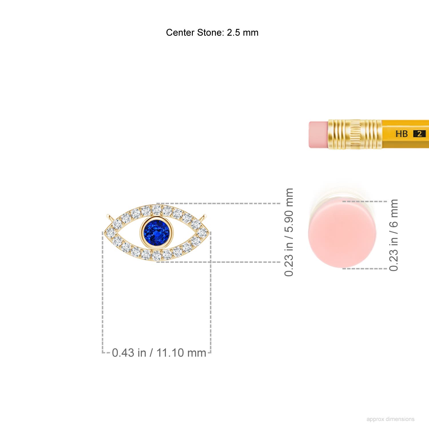 2.5mm AAAA Blue Sapphire Evil Eye Pendant with Diamond Accents in 18K Yellow Gold - ruler