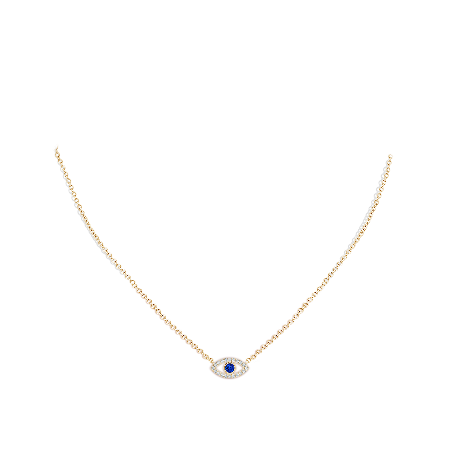 2.5mm AAAA Blue Sapphire Evil Eye Pendant with Diamond Accents in 18K Yellow Gold - body_neck