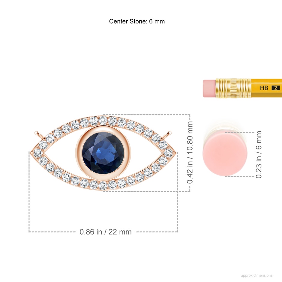 6mm AA Blue Sapphire Evil Eye Pendant with Diamond Accents in Rose Gold ruler