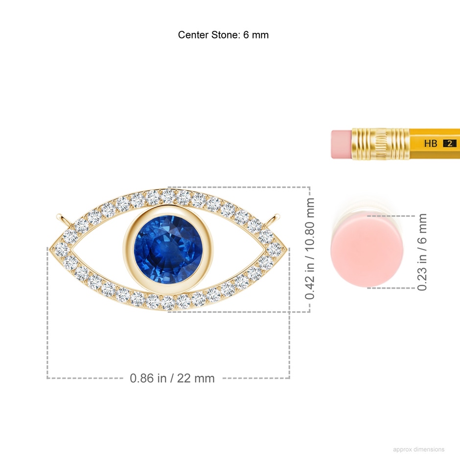 6mm AAA Blue Sapphire Evil Eye Pendant with Diamond Accents in Yellow Gold ruler