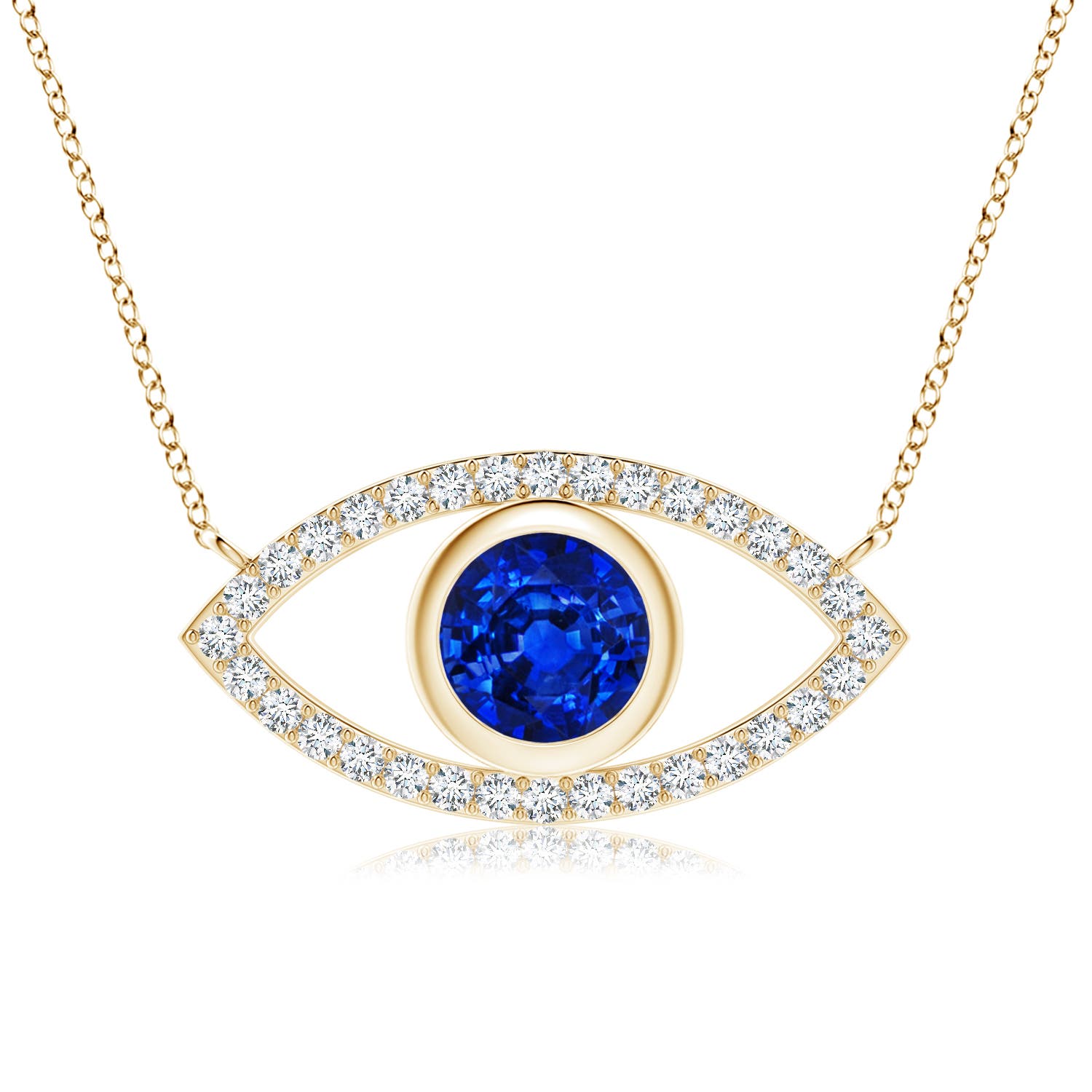 7mm AAAA Blue Sapphire Evil Eye Pendant with Diamond Accents in Yellow Gold