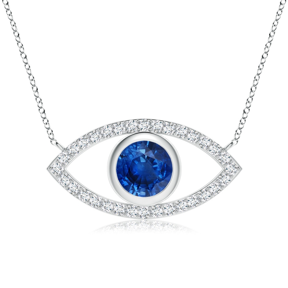 8mm AAA Blue Sapphire Evil Eye Pendant with Diamond Accents in White Gold 