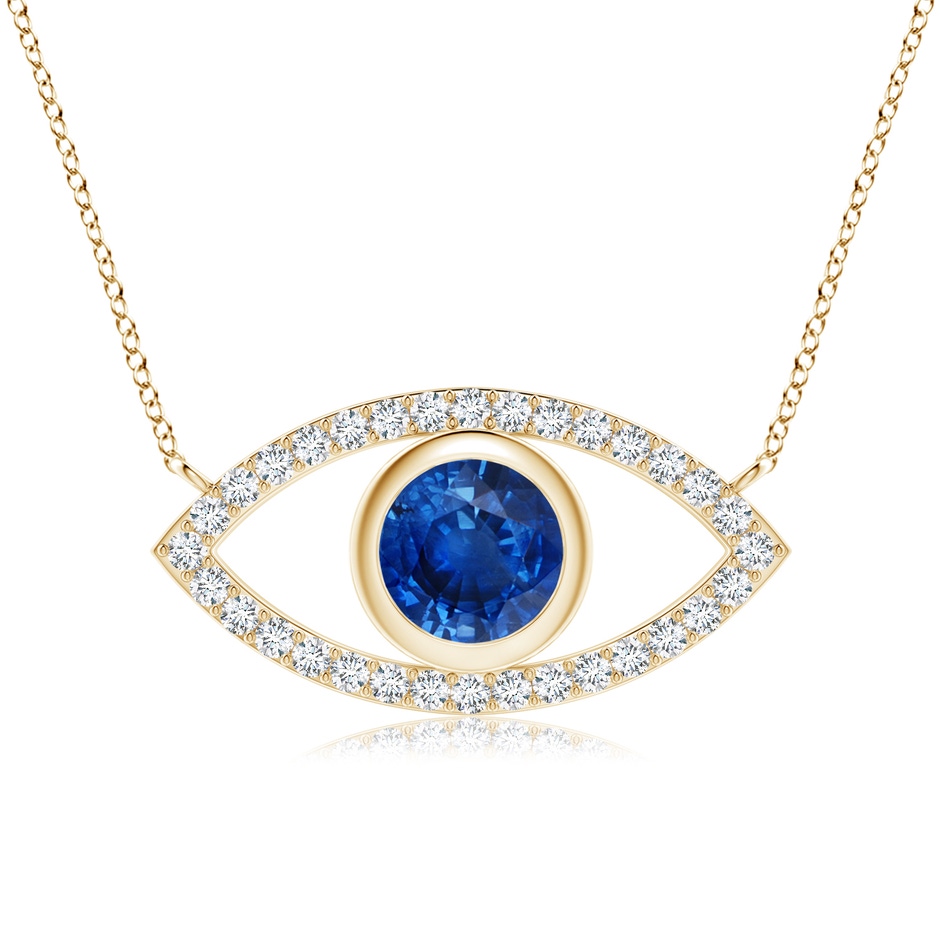 8mm AAA Blue Sapphire Evil Eye Pendant with Diamond Accents in Yellow Gold 