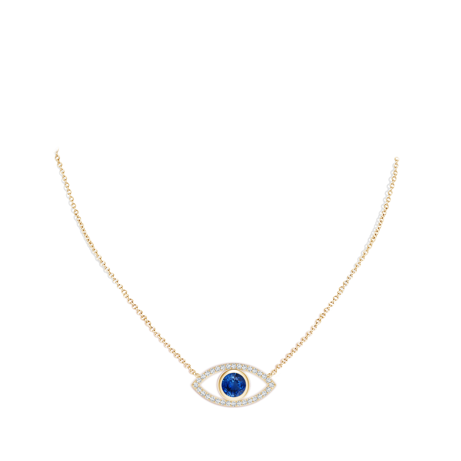 8mm AAA Blue Sapphire Evil Eye Pendant with Diamond Accents in Yellow Gold pen