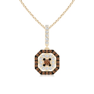 2mm AAAA Coffee and White Diamond Octagon Halo Pendant in Yellow Gold