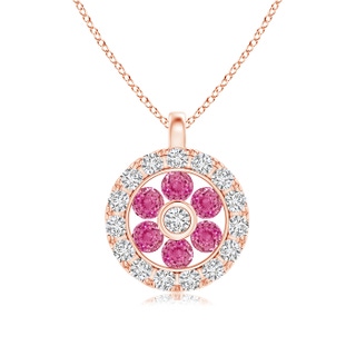 1.5mm AAA Channel-Set Pink Sapphire Flower Pendant with Diamond Halo in Rose Gold