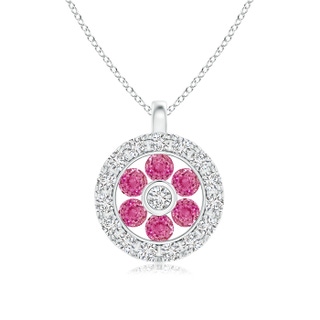 1.5mm AAA Channel-Set Pink Sapphire Flower Pendant with Diamond Halo in White Gold