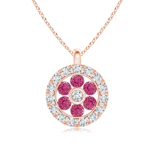 1.5mm AAAA Channel-Set Pink Sapphire Flower Pendant with Diamond Halo in Rose Gold