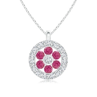 1.5mm AAAA Channel-Set Pink Sapphire Flower Pendant with Diamond Halo in White Gold