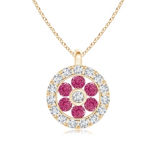 1.5mm AAAA Channel-Set Pink Sapphire Flower Pendant with Diamond Halo in Yellow Gold