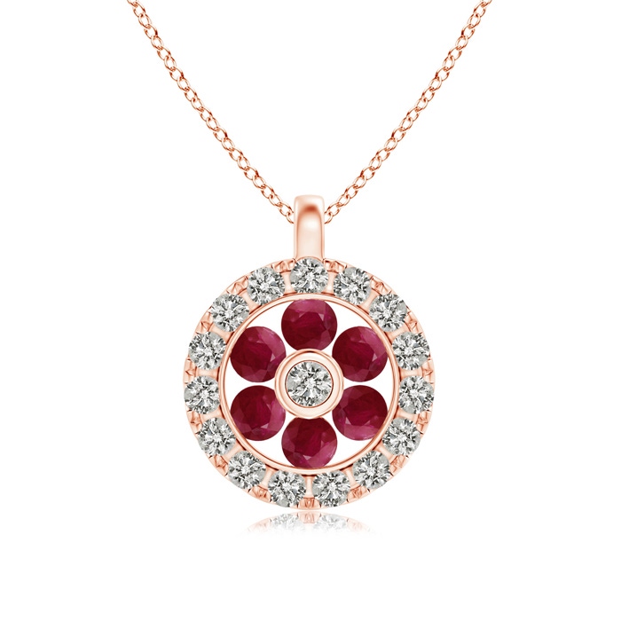 1.5mm A Channel-Set Ruby Flower Pendant with Diamond Halo in Rose Gold 