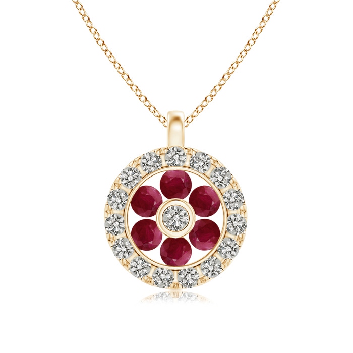 1.5mm A Channel-Set Ruby Flower Pendant with Diamond Halo in Yellow Gold 