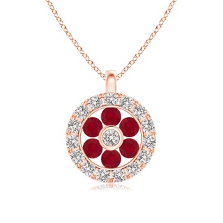 1.5mm AA Channel-Set Ruby Flower Pendant with Diamond Halo in 9K Rose Gold