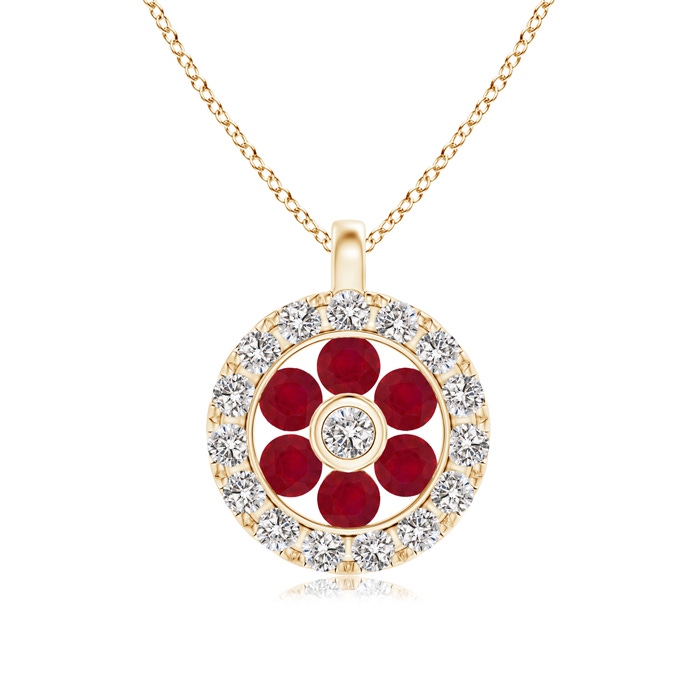 1.5mm AA Channel-Set Ruby Flower Pendant with Diamond Halo in Yellow Gold 