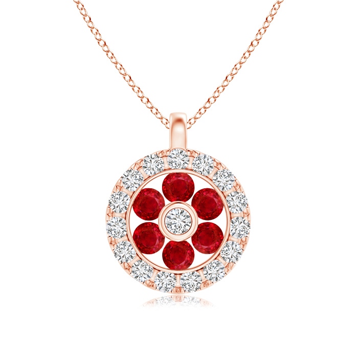1.5mm AAA Channel-Set Ruby Flower Pendant with Diamond Halo in Rose Gold 