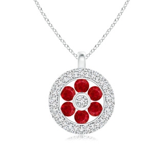 1.5mm AAA Channel-Set Ruby Flower Pendant with Diamond Halo in White Gold
