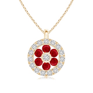 1.5mm AAA Channel-Set Ruby Flower Pendant with Diamond Halo in Yellow Gold