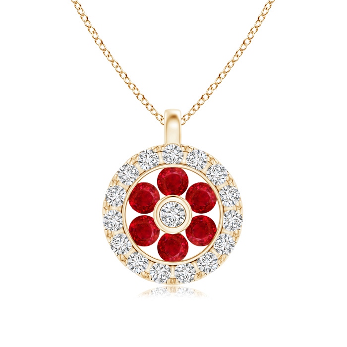 1.5mm AAA Channel-Set Ruby Flower Pendant with Diamond Halo in Yellow Gold 