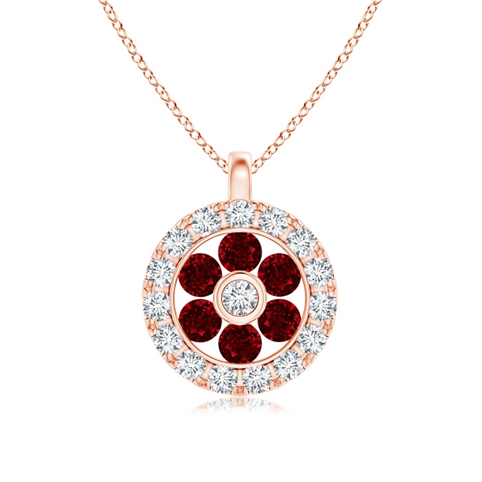 1.5mm AAAA Channel-Set Ruby Flower Pendant with Diamond Halo in Rose Gold