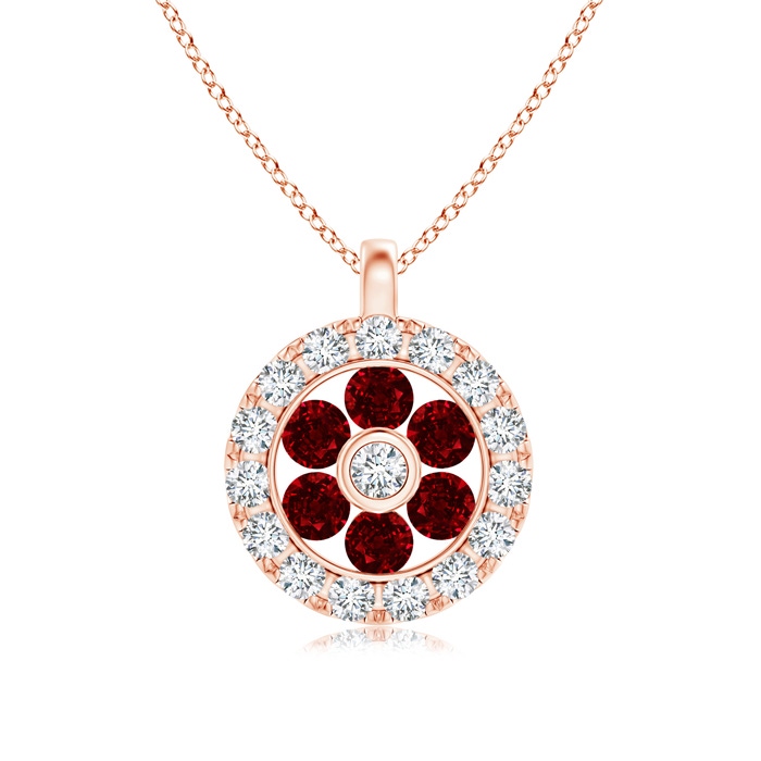 1.5mm AAAA Channel-Set Ruby Flower Pendant with Diamond Halo in Rose Gold 
