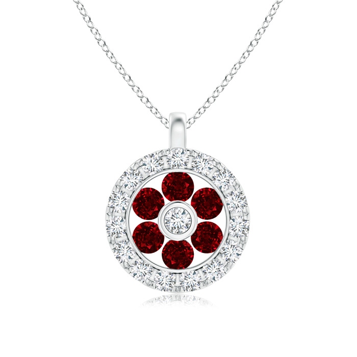 1.5mm AAAA Channel-Set Ruby Flower Pendant with Diamond Halo in White Gold 