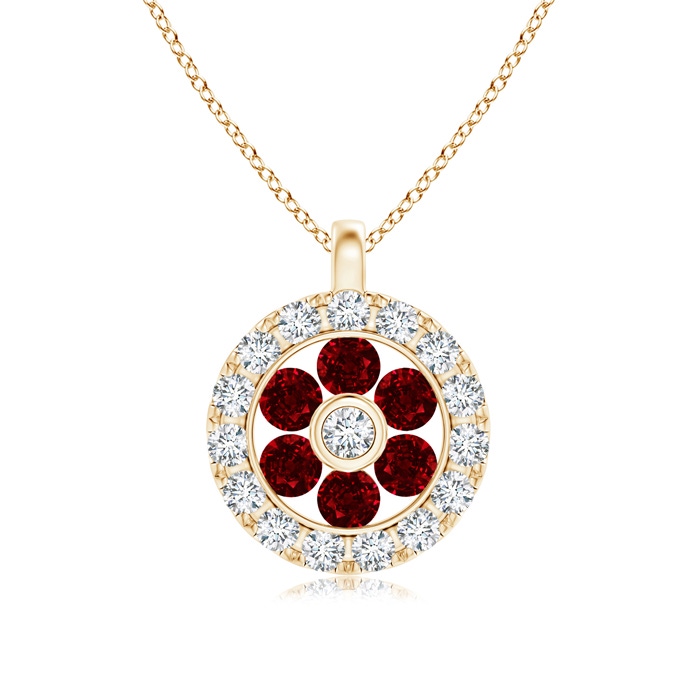 1.5mm AAAA Channel-Set Ruby Flower Pendant with Diamond Halo in Yellow Gold