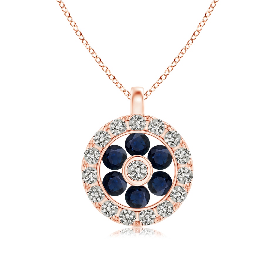 1.5mm A Channel-Set Sapphire Flower Pendant with Diamond Halo in Rose Gold 