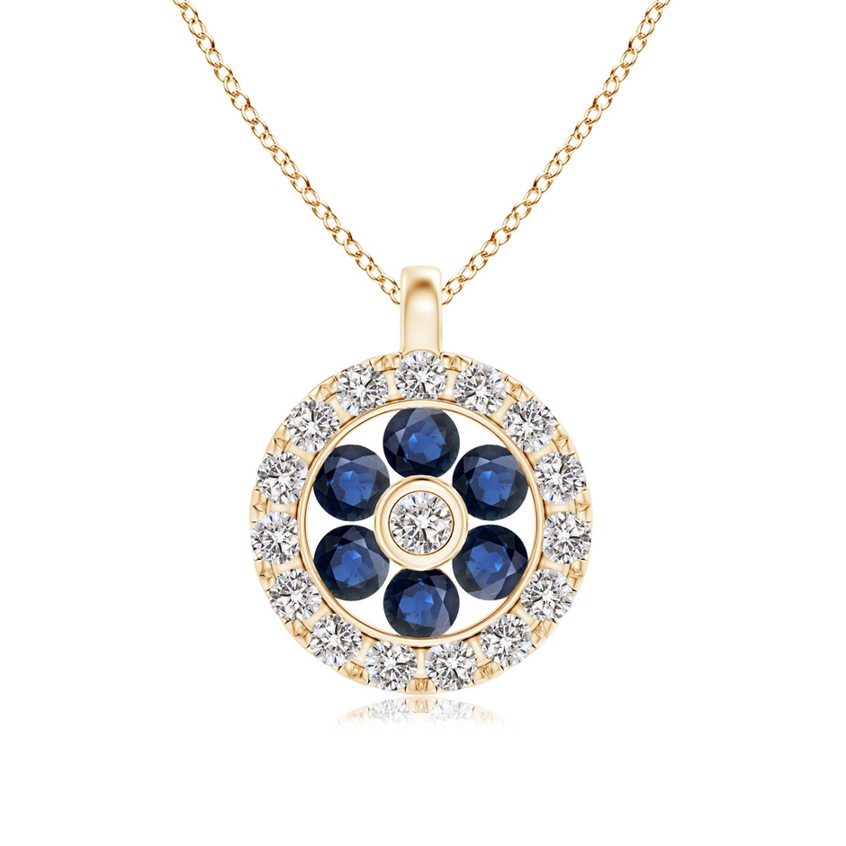 1.5mm AA Channel-Set Sapphire Flower Pendant with Diamond Halo in Yellow Gold 
