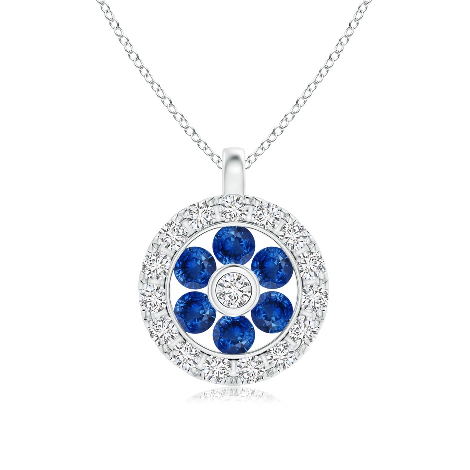 1.5mm AAA Channel-Set Sapphire Flower Pendant with Diamond Halo in 18K White Gold 