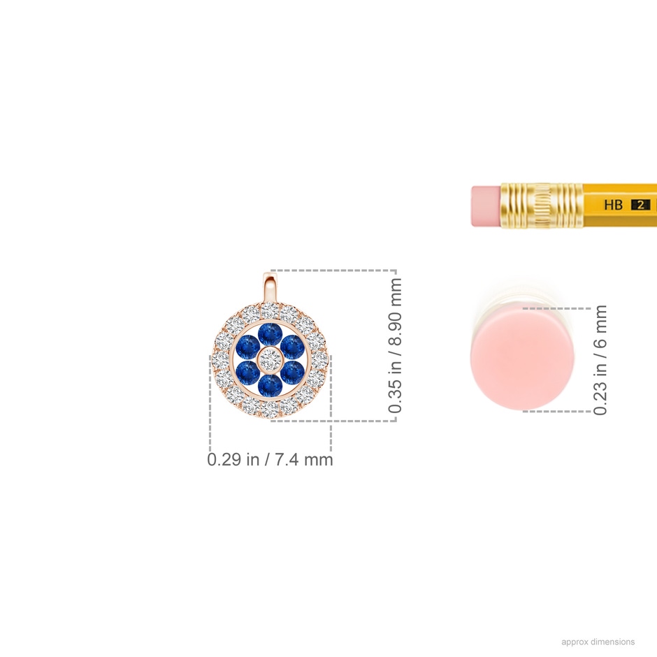 1.5mm AAA Channel-Set Sapphire Flower Pendant with Diamond Halo in Rose Gold ruler