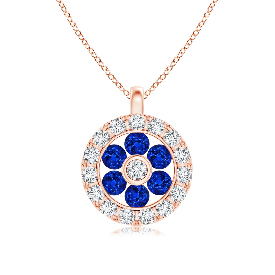 1.5mm AAAA Channel-Set Sapphire Flower Pendant with Diamond Halo in 18K Rose Gold 