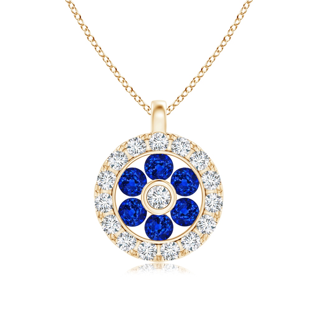 1.5mm AAAA Channel-Set Sapphire Flower Pendant with Diamond Halo in 18K Yellow Gold