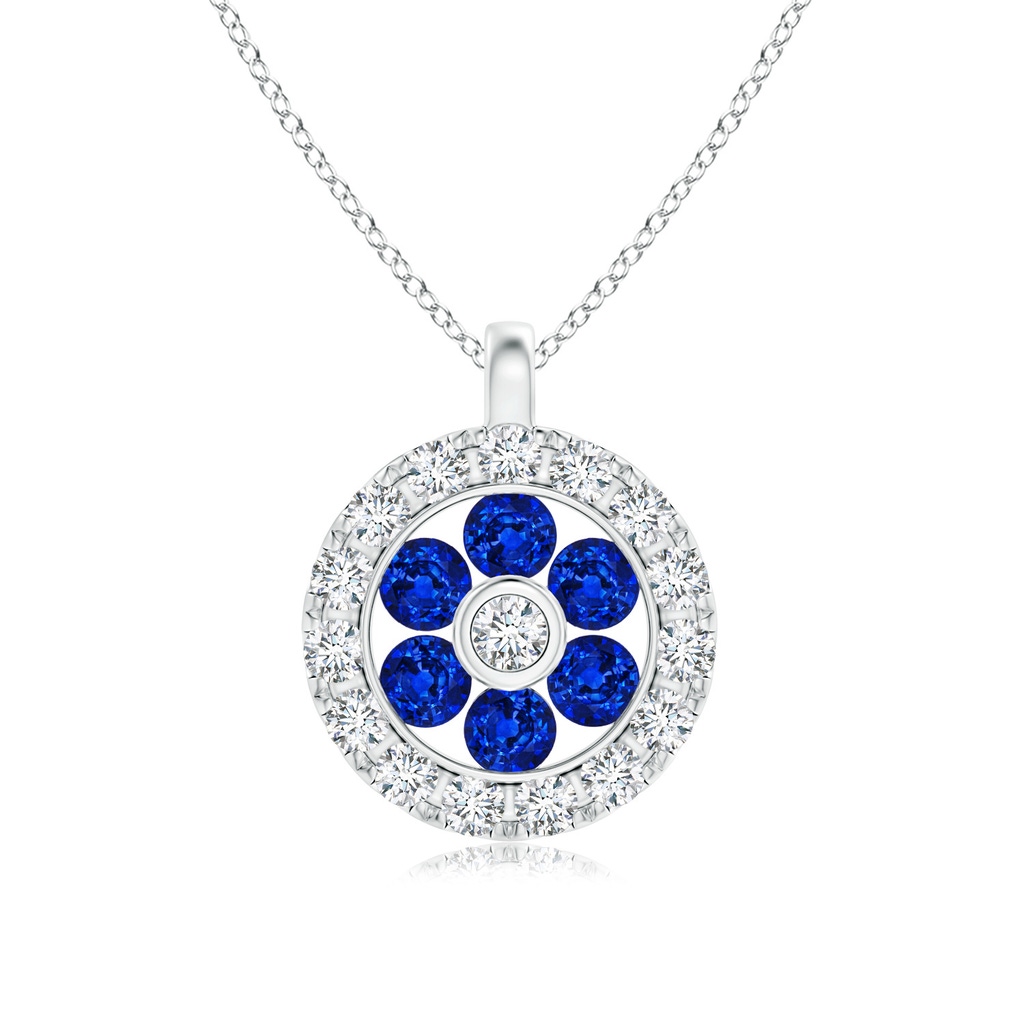 1.5mm AAAA Channel-Set Sapphire Flower Pendant with Diamond Halo in White Gold