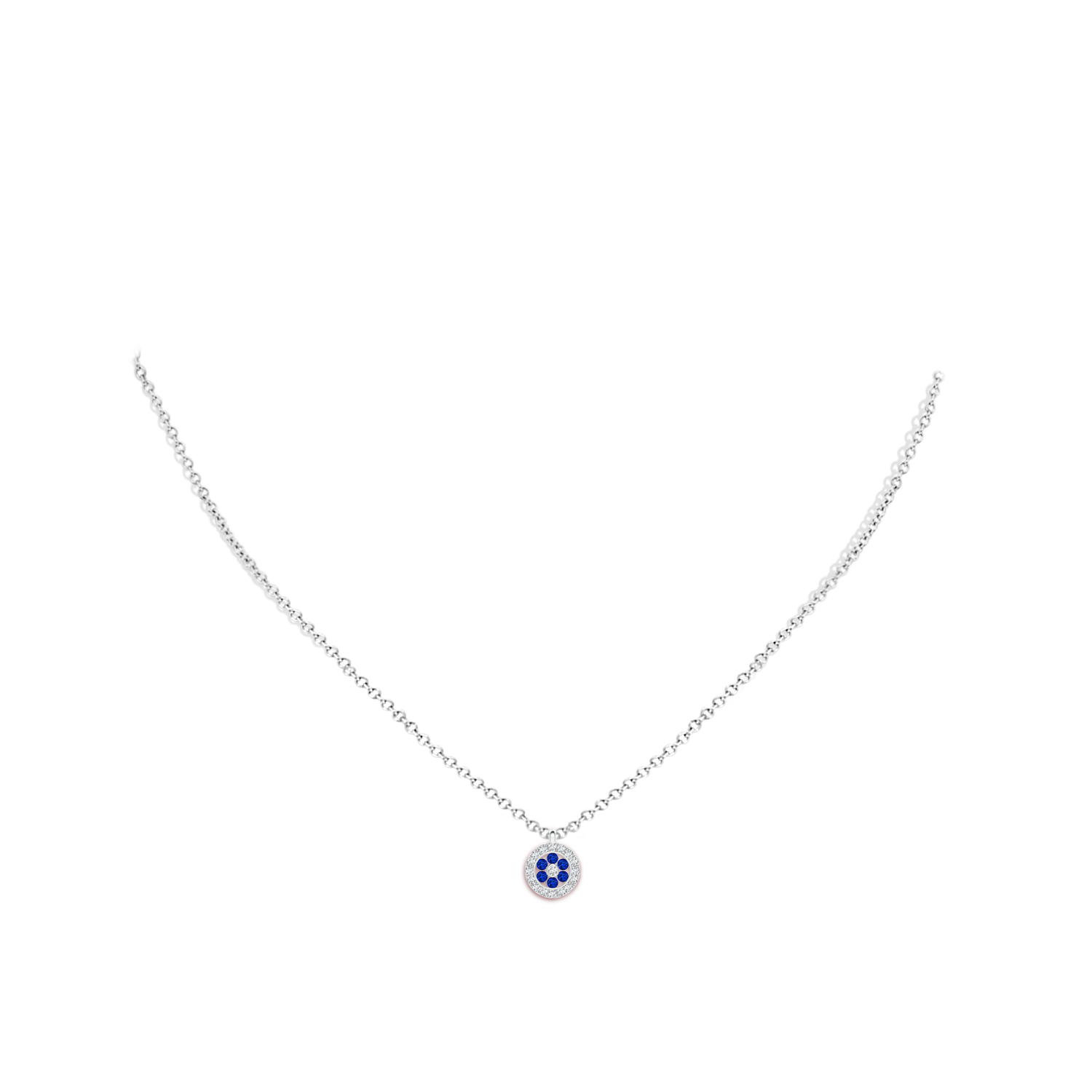 1.5mm AAAA Channel-Set Sapphire Flower Pendant with Diamond Halo in White Gold - body_neck