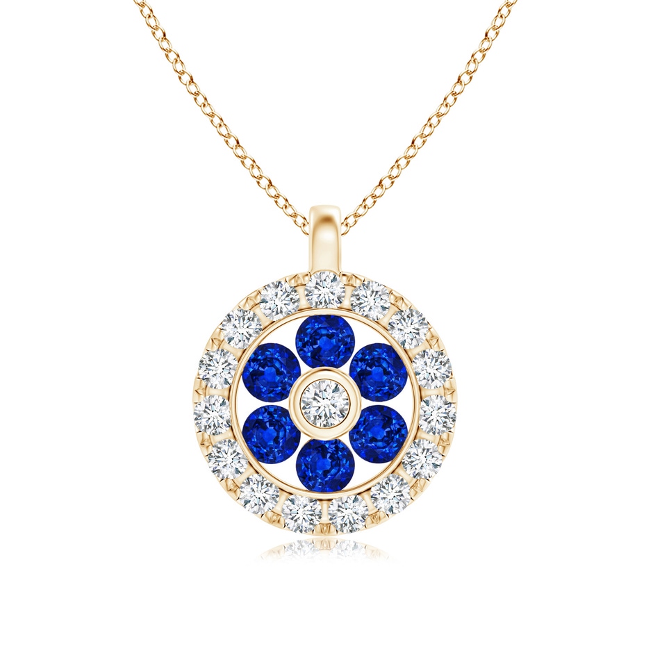 1.5mm AAAA Channel-Set Sapphire Flower Pendant with Diamond Halo in Yellow Gold 