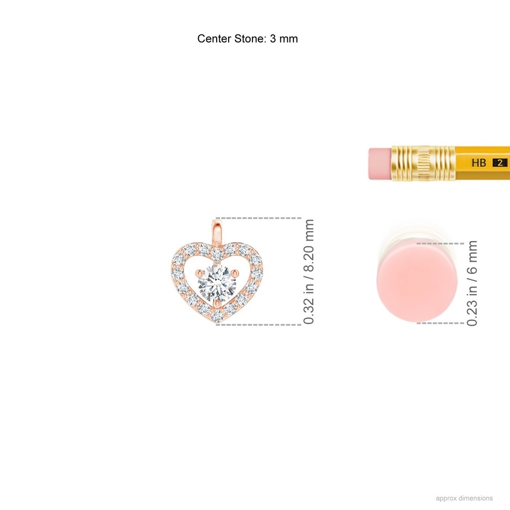 3mm GVS2 Solitaire Diamond Open Heart Pendant with Accents in Rose Gold Ruler