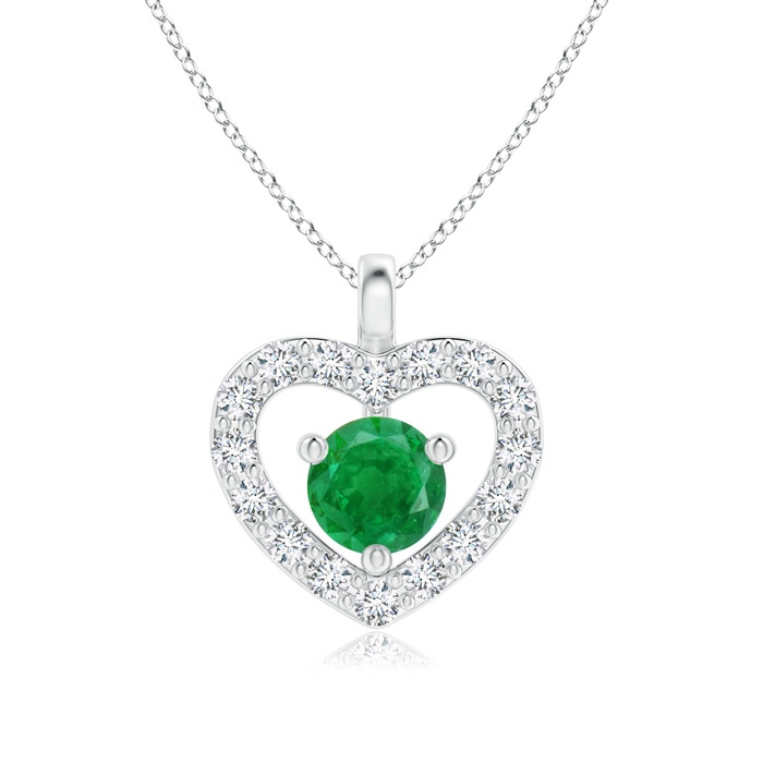 3mm AA Solitaire Emerald Open Heart Pendant with Diamonds in White Gold 