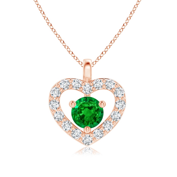 3mm AAAA Solitaire Emerald Open Heart Pendant with Diamonds in Rose Gold
