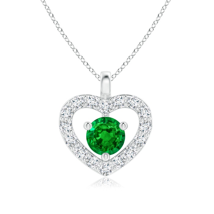 3mm AAAA Solitaire Emerald Open Heart Pendant with Diamonds in White Gold