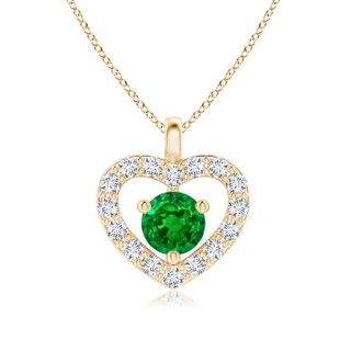 3mm AAAA Solitaire Emerald Open Heart Pendant with Diamonds in Yellow Gold