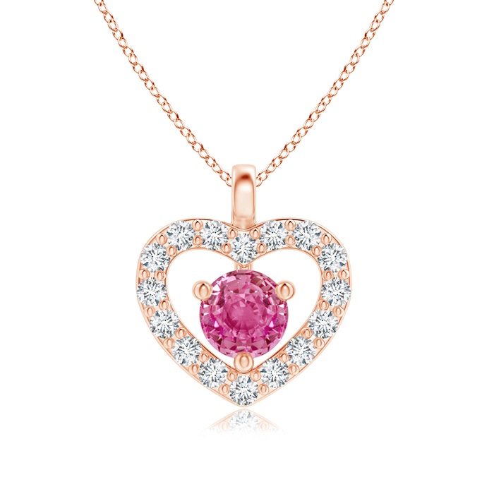 3mm AAA Solitaire Pink Sapphire Open Heart Pendant with Diamonds in Rose Gold