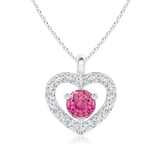 3mm AAA Solitaire Pink Sapphire Open Heart Pendant with Diamonds in White Gold