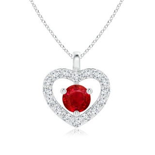 3mm AAA Solitaire Ruby Open Heart Pendant with Diamonds in White Gold