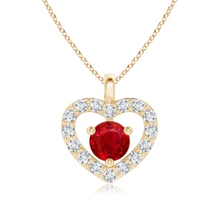 3mm AAA Solitaire Ruby Open Heart Pendant with Diamonds in Yellow Gold