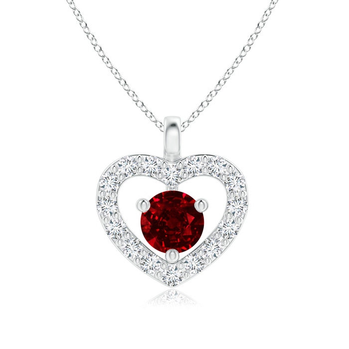3mm AAAA Solitaire Ruby Open Heart Pendant with Diamonds in White Gold