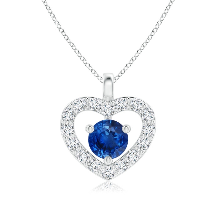 3mm AAA Solitaire Sapphire Open Heart Pendant with Diamonds in White Gold 