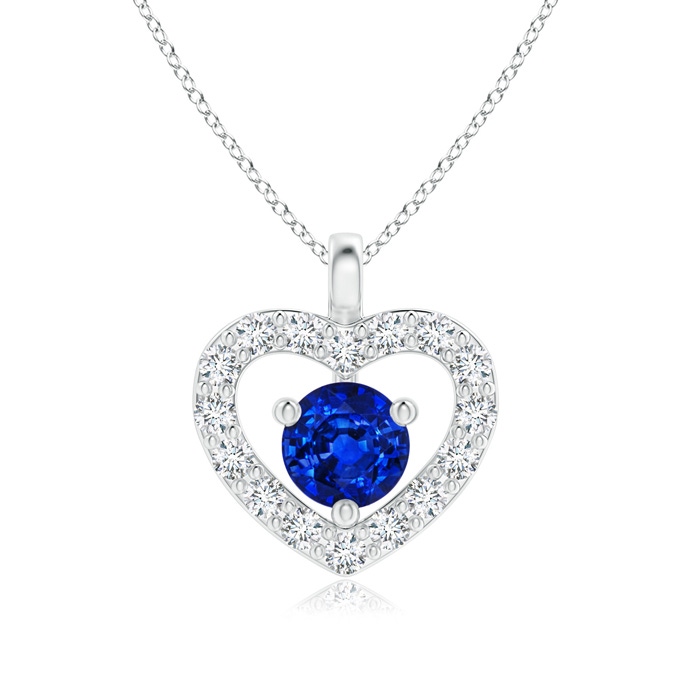 3mm AAAA Solitaire Sapphire Open Heart Pendant with Diamonds in White Gold 