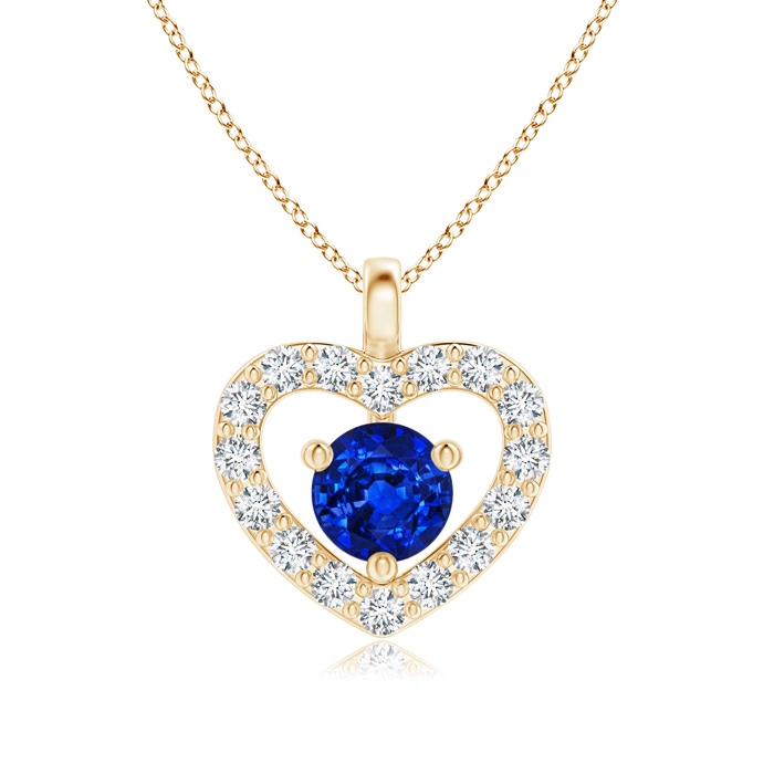 3mm AAAA Solitaire Sapphire Open Heart Pendant with Diamonds in Yellow Gold