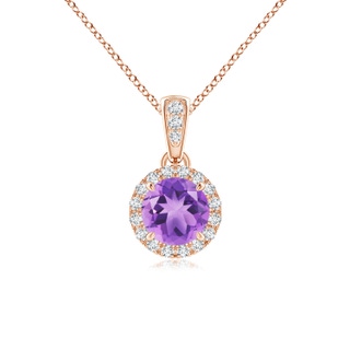 5mm A Claw-Set Round Amethyst Pendant with Diamond Halo in 9K Rose Gold